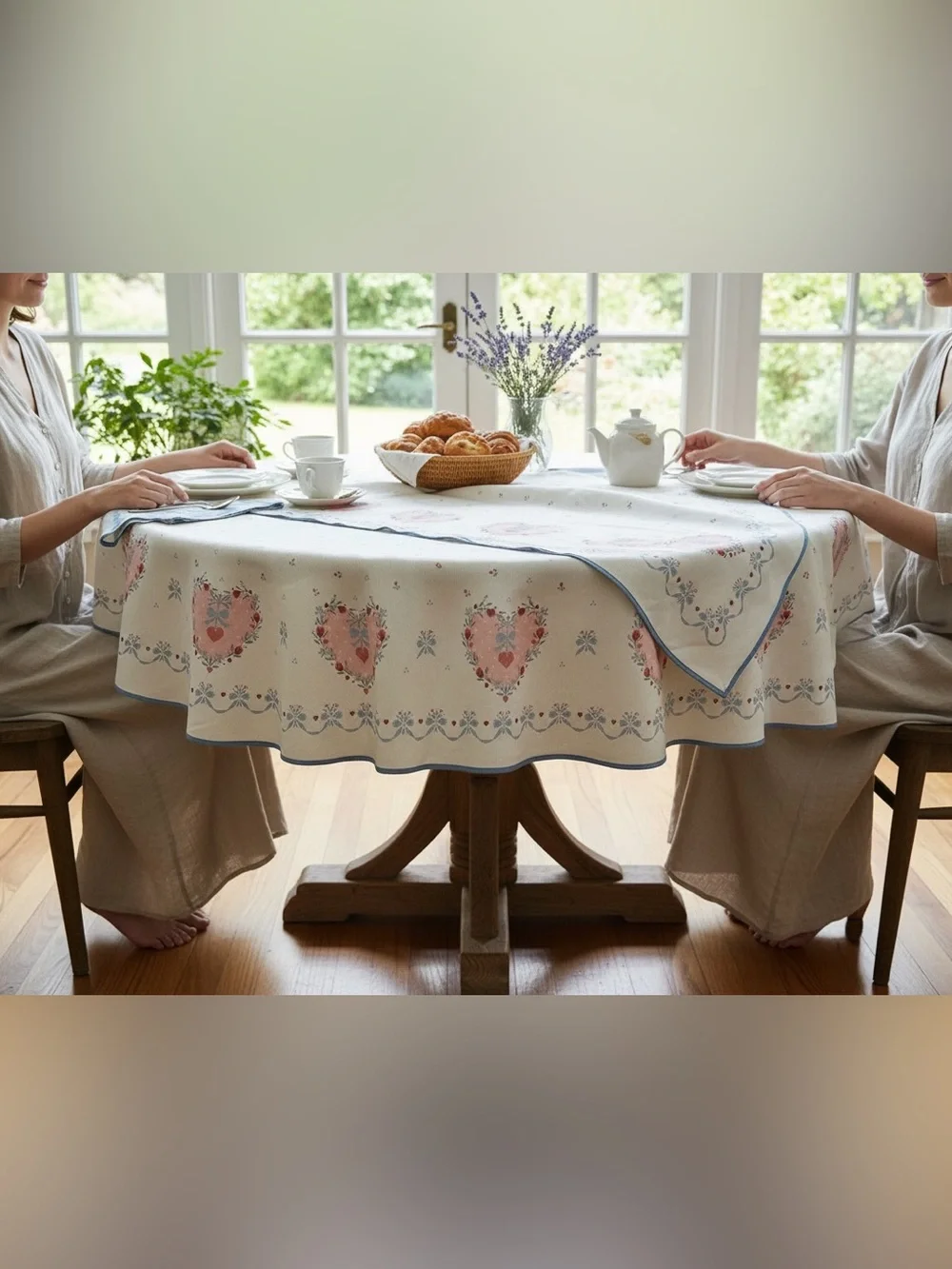 Vintage Cottagecore Round Tablecloth Floral Hearts Ribbon Bows French Country